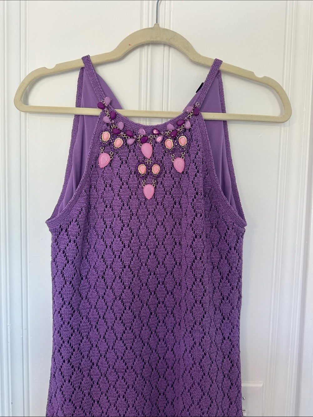 Boston Proper Purple Crochet Maxi Dress with Pink Teardrop Accents